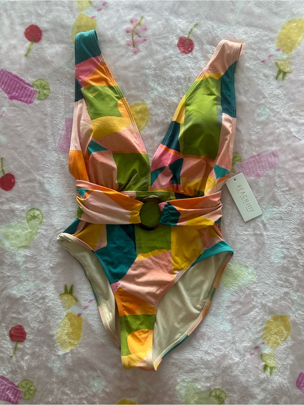Multicolor Geo-Print One-Piece Swimsuit with Waist Ring